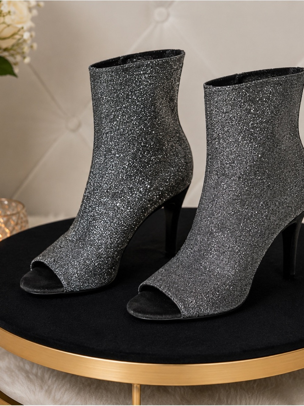 INC International Concepts Women's Glitter Peep-Toe Ankle Boots - Black
